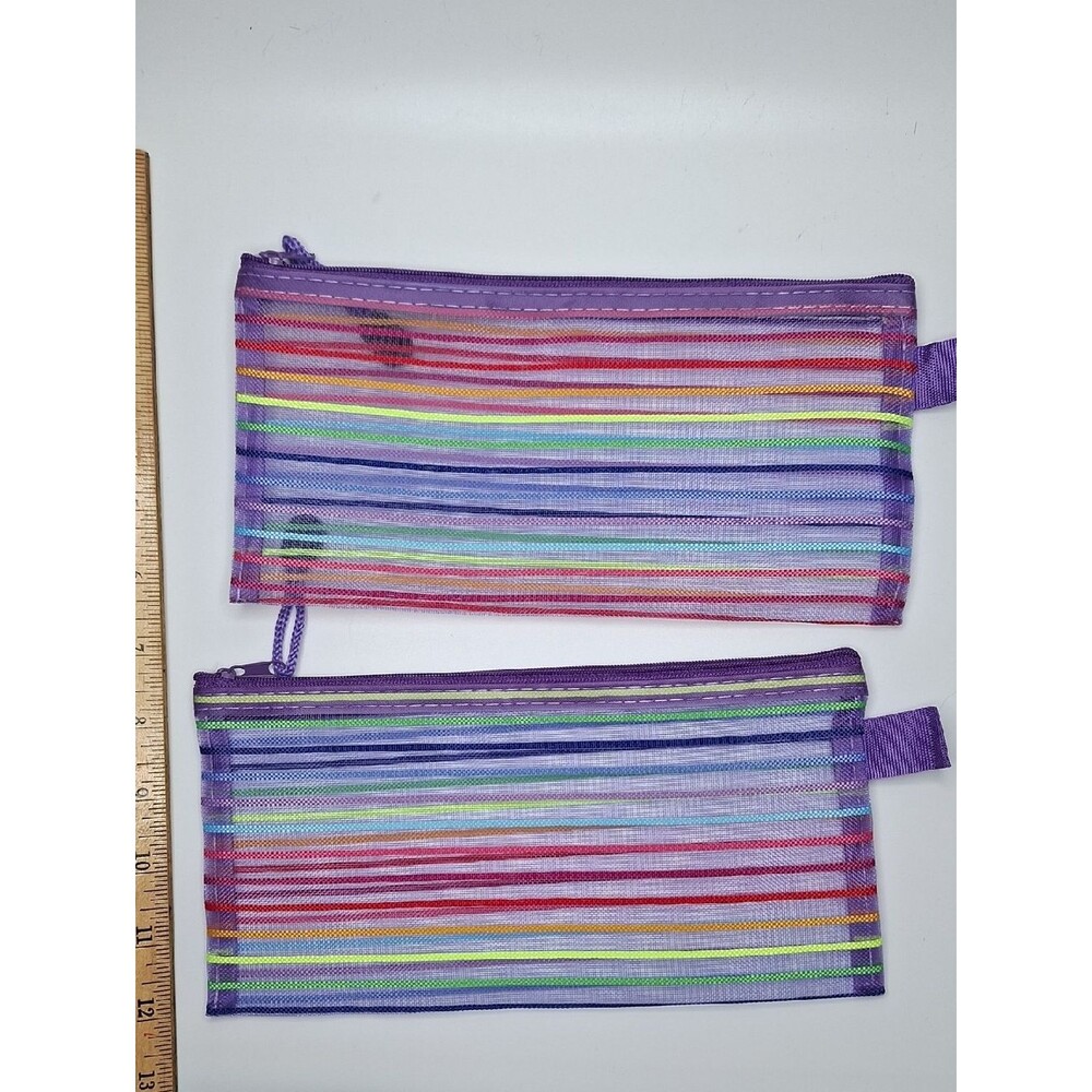 Purple rainbow stripe mesh the zipper cosmetic travel pouch
